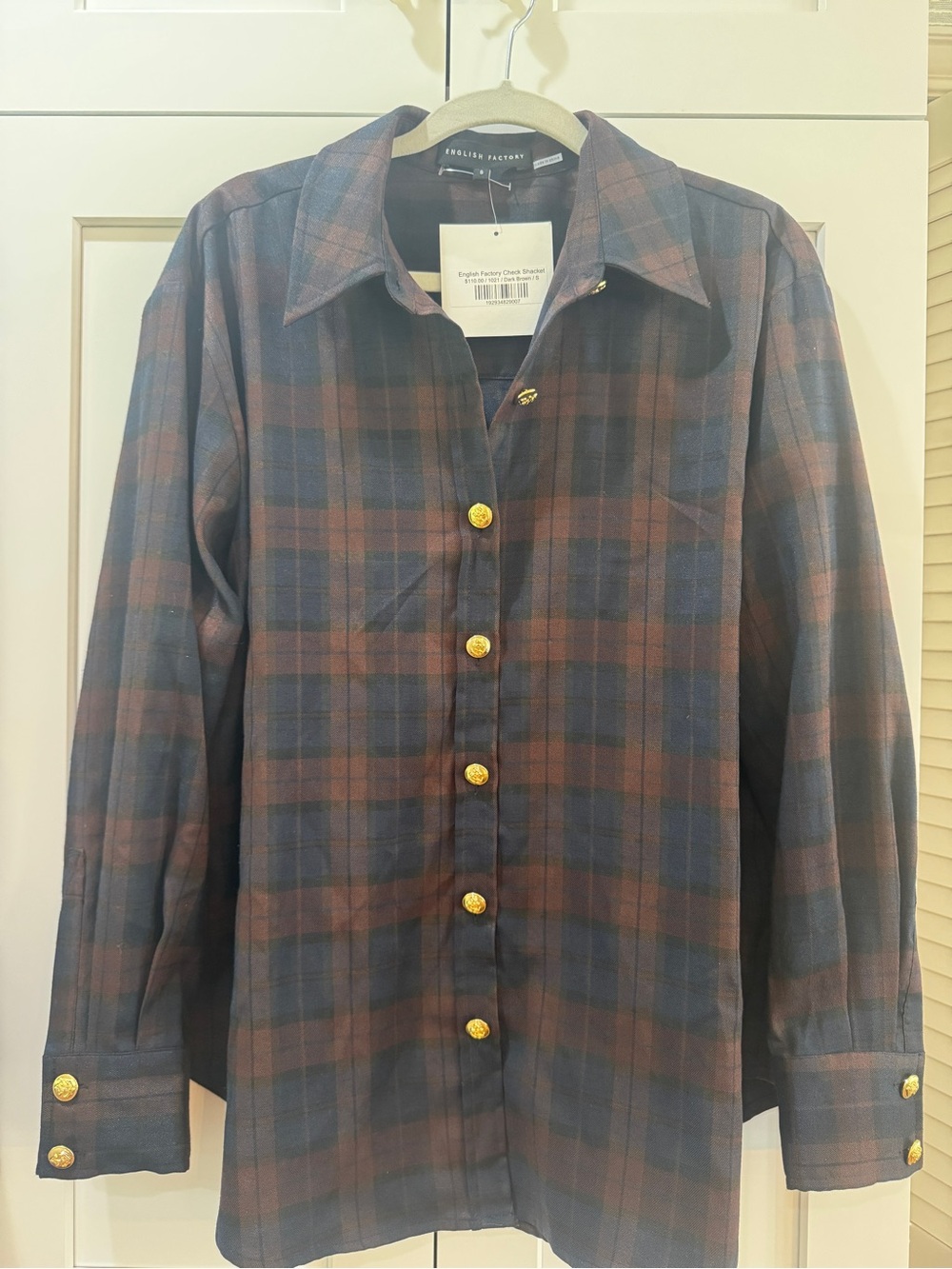 English Factory Navy and Brown Plaid Button-Down Shirt with Gold Buttons